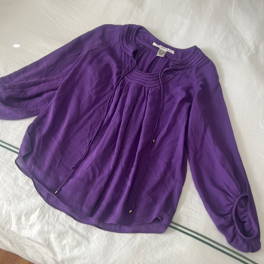 Diane Von Furstenberg Purple Pintuck Tie-Neck Blouse
